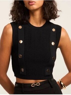 Zara Black Sleeveless Crop Top Knit Tank Gold Button Accents XL Womens Stretch
